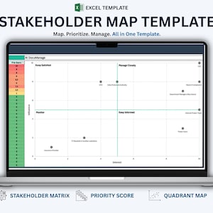 Könnte beinhalten: Ein Laptop-Bildschirm zeigt eine Excel-Vorlage für eine Stakeholder-Map. Das Diagramm enthält ein Raster mit Achsen für Einfluss und Interesse, beschriftet mit Keep Satisfied, Manage Closely, Monitor und Keep Informed sowie eine Prioritätsskala.