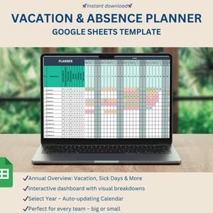 Employee holiday and absence planner Google Sheets – annual calendar with automatic updates, dashboard and summary