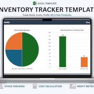 May include: An Excel template for inventory tracking displayed on a laptop screen. The dashboard features a pie chart titled Stock Status Overview and a bar chart titled Inventory Value vs. Inventory Cost, with text labels for stock tracking, cost calculation, and profit metrics.