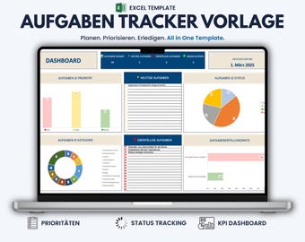 Excel Task Tracker Template, Automated To Do List & Task Management Dashboard | German Version