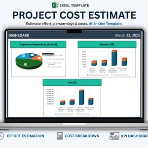 Puede incluir: Una pantalla de portátil que muestra una plantilla de Excel para la estimación de costes de proyectos. El panel incluye un gráfico circular de gastos por fase, un gráfico de barras de días-persona y costes en euros, fechado el 22 de marzo de 2025.