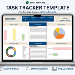 Könnte beinhalten: Ein Laptop-Bildschirm mit einer Excel-Vorlage zur Aufgabenverfolgung, die ein Dashboard, Balkendiagramme, Tortendiagramme und Listen enthält. Der Text lautet Task Tracker Template, Plan. Prioritize. Execute. All in One Template.