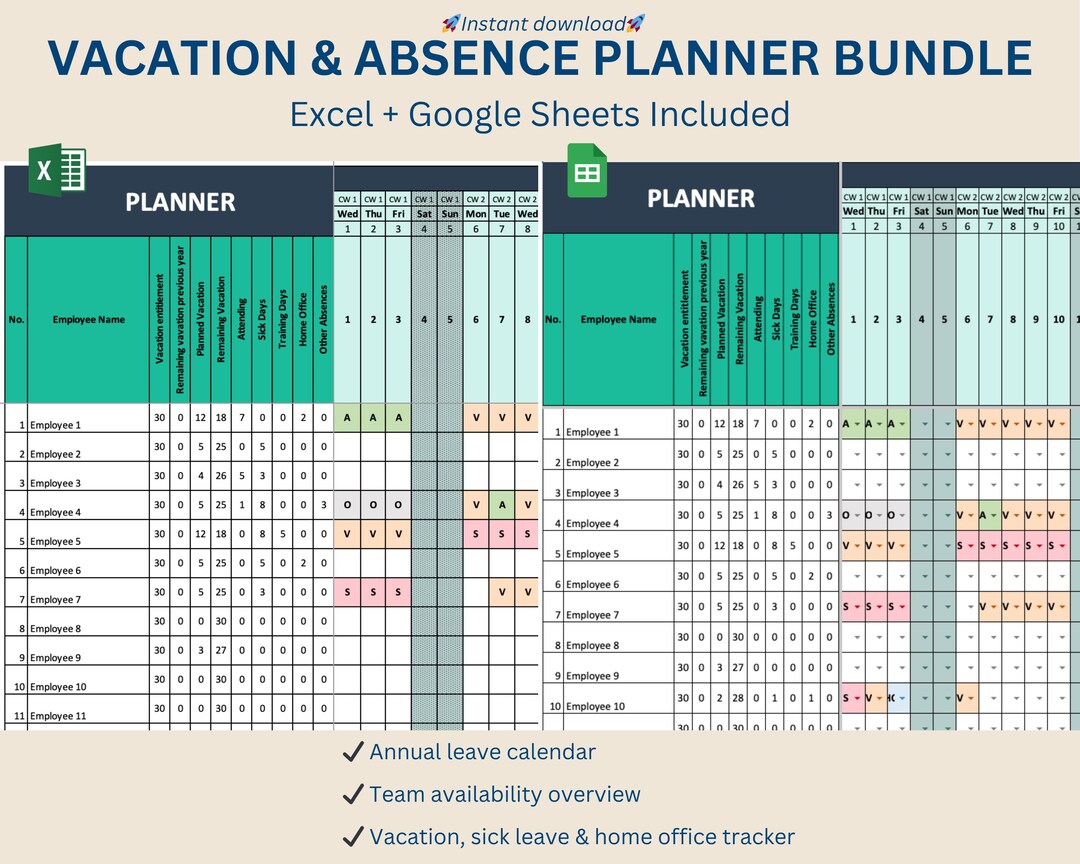 Employee Vacation & Absence Planner Bundle Excel and Google Sheets ...