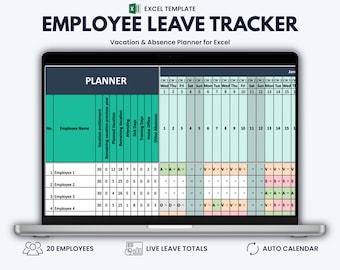 Employee Leave Tracker for Excel | Vacation & Absence Planner with Dashboard, Up to 20 Employees