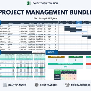 May include: A 3-in-1 Excel project management bundle featuring a Gantt planner, cost tracker, and risk dashboard. The layout includes tables for project tasks, timelines, financial data, and risk heat maps with the text Plan. Budget. Mitigate.