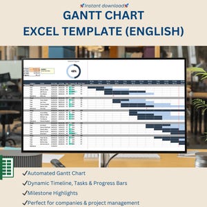 Gantt-diagramsjabloon – Excel-projecttijdlijnplanner met automatische update – digitale projectbeheertool, dynamische voortgangsbalken, mijlpalen