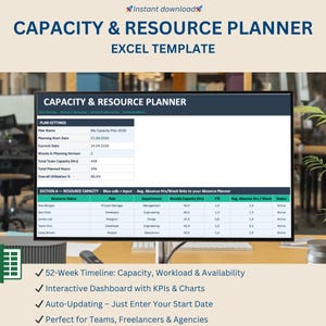 May include: A computer monitor displays an Excel template titled "CAPACITY & RESOURCE PLANNER." The screen shows a table with plan settings and resource capacity data. The image includes the Excel icon and bullet points highlighting features like a 52-week timeline and interactive dashboard.