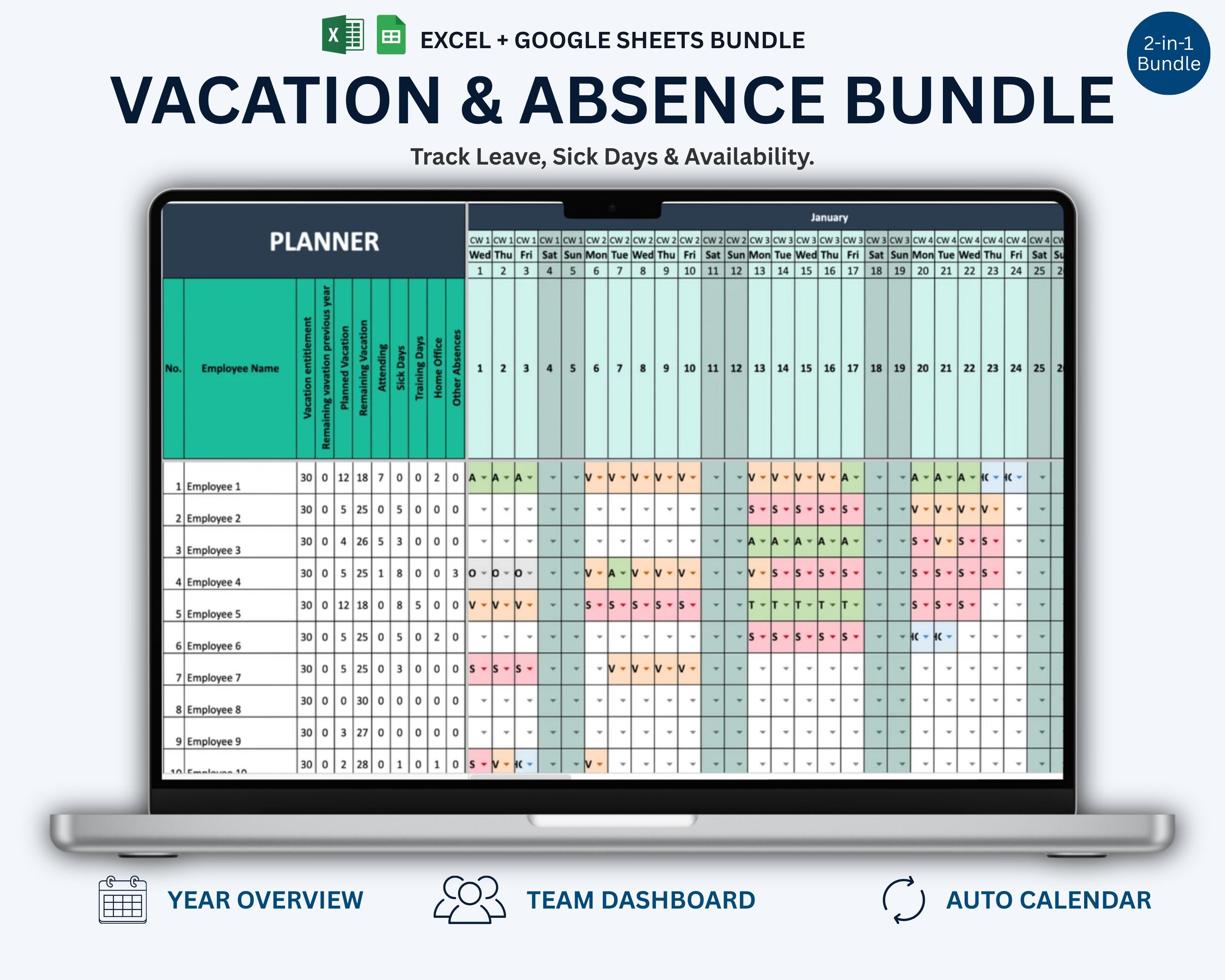 Employee Vacation & Absence Planner Bundle Excel and Google Sheets ...