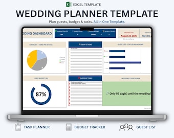 May include: A laptop screen displaying a wedding planner Excel template dashboard. The interface features a task checklist, budget tracker, guest list status breakdown, and a wedding countdown. Text includes Wedding Planner Template, Today's Tasks, and Overdue Tasks.