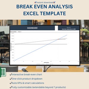 May include: A computer monitor displays a break-even analysis Excel template. The screen shows a dashboard with a line graph and the text "BREAK EVEN ANALYSIS EXCEL TEMPLATE." Below are bullet points: "Interactive break-even chart," "One-click product dropdown," and "Auto KPIs & smart calculations."