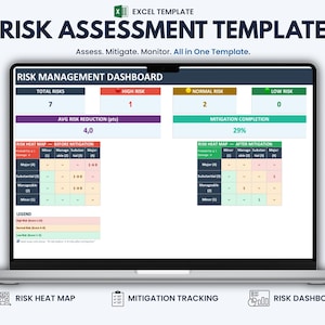 Peut inclure: Un écran d'ordinateur portable affichant un modèle Excel d'évaluation des risques et un tableau de bord de gestion des risques. L'interface comprend une carte thermique des risques, un suivi des mesures d'atténuation et des indicateurs.