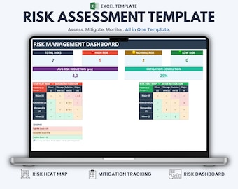 Può includere: Uno schermo di computer portatile che mostra un modello Excel di valutazione del rischio e una dashboard di gestione del rischio. L'interfaccia include una mappa termica del rischio, il monitoraggio della mitigazione e metriche.