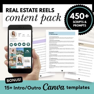 May include: A smartphone displays a real estate Instagram profile and content pack. The pack includes 450+ scripts and prompts, plus 15+ intro/outro Canva templates. The phone is held in a hand, with printed pages in the background.