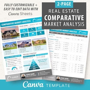 May include: A two-page real estate comparative market analysis template. The design includes sections for property details, comparable sold listings, market conditions, and pricing strategy. The template is fully customizable and easy to edit with Canva Sheets.