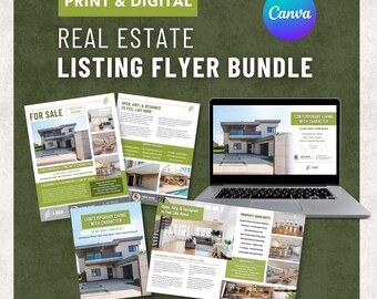 Real Estate Listing Flyer Bundle, Canva Realtor Brochure and Digital Property Presentation Templates