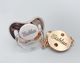 Luxury Custom Pacifier & Rose Gold Clip: Engraved Baby Soother