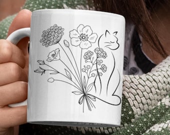 Wildflower and Cat Ceramic Mug, Floral bouquet Coffee Cup, Cat Lover Gift