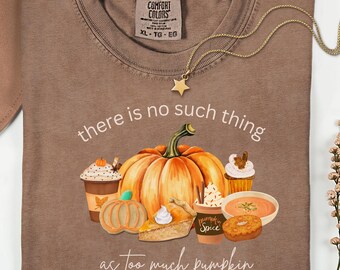 May include: Brown Comfort Colors t-shirt with a pumpkin graphic and the text "there is no such thing as too much pumpkin." A gold star pendant necklace is draped over the shirt. The graphic includes a pumpkin, pie, and other fall treats.