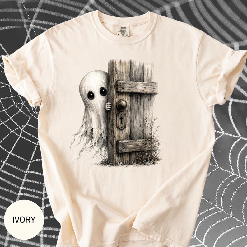 Haunted House Ghost Comfort Colors T-Shirt, Vintage Spooky Fall Graphic Tee, Earth Tone Halloween Shirt for Women & Men, Cute Ghost T-Shirt image 1