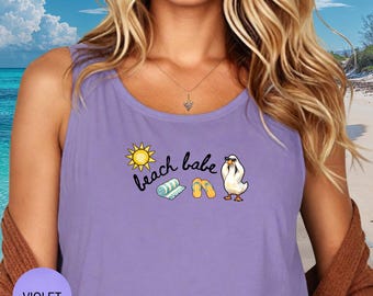 Koszulka bez rękawów Beach Babe Comfort Colors, minimalistyczna koszulka z ikonami plaży, bezrękawnik z okularami przeciwsłonecznymi Silly Goose, bezrękawnik z grafiką „Letnie wakacje”