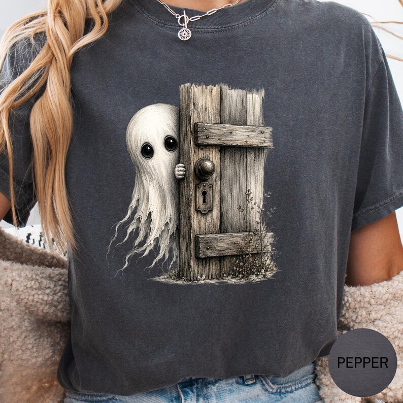 Haunted House Ghost Comfort Colors T-Shirt, Vintage Spooky Fall Graphic Tee, Earth Tone Halloween Shirt for Women & Men, Cute Ghost T-Shirt image 2