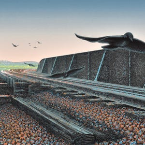 May include: A black bird flies over a large, industrial-looking structure with a curved roof and a series of tracks. The structure is made of concrete and metal and has a rough, textured surface. The bird is in flight and its wings are spread wide. The background is a field of green grass and trees.