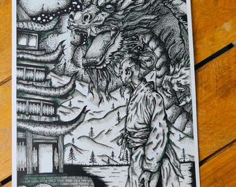 Mythological Dragon Ink Illustration, Hand Drawn A4 Print