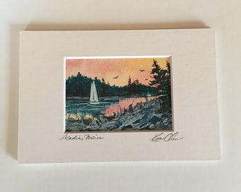 Miniature Desk Art, Original Watercolor Acadia Sunset, "Gone from my site series", Sailboat, Maine painting, Small, wedding, gift, Tiny Art,