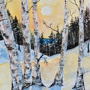 Winter Birch Tree Watercolor Painting | Sunset Glow Landscape | Original Nature Art | Rustic Cabin Decor, Wall Art | Unique Maine Gift
