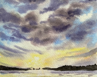 Clouds over Acadia, Maine Watercolor By Kellie Chasse, Original Small Painting, Coastal, Wedding, Thank you, or Birthday Gift