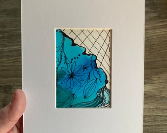 Teal Flower Abstract Floral Design Watercolor Original by Kellie Chasse 5x7" Mini Art Small Gift for Friends, Birthday, Teachers, Shower