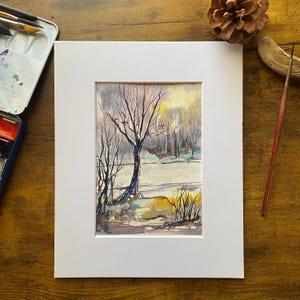 Frosted Serenity Bare Winter Trees with Warm Glow – Original Watercolor Painting, Snowy Landscape, Ice, Snow, Nature Wall Art, Unique Gift