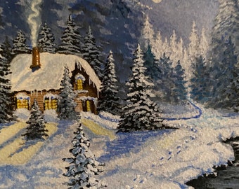 Winter Snow Maine Cabin, “Moonlight night" Original Watercolor Painting, gift, Pine Tree, Lodge, Wedding, Vacation, North Woods, Holiday