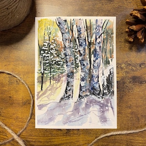 Dusk Winter Birch Trees – Original Watercolor Painting, Snowy Landscape, Purple Shadows, Nature Wall Art, Unique Gift, Colorful