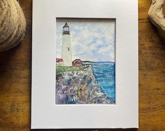 Portland Headlight Lighthouse, Maine Watercolor Painting, Coastal Wall Art