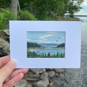 Acadia, Maine Original Watercolor Painting Summer Mini Art Small, wedding 4x6 Mat, Gift, Islands, Bluff House, Schoodic, Frenchman&#39;s Bay