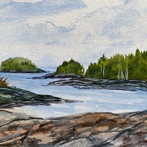 Acadia National Park Watercolor Painting: Maine Seascape Art (5x7)