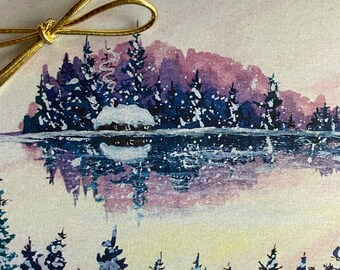 Island Holiday Greeting Card Set Rustic log Cabin, lake, Maine, Family, Snow, Winter, Purple, Wholesale Bulk Note Events, Kellie Chasse