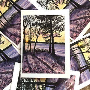 Ensemble-cadeau de cartes de voeux pour le solstice d'hiver | Art du lac Pushaw, Maine | carte de correspondance pourpre coucher de soleil | Amoureux de la nature | Paysage de l'artiste Kellie Chasse