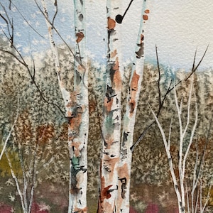Birch Trees in Winter, Original Watercolor Painting, Nature Landscape, Seasonal Rustic Art, Maine Artist Kellie Chasse, Winter Forest Scene