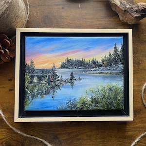 Framed Original Oil Painting, Kellie Chasse, Gift, View from Acadia, Gouldsboro, Maine Schoodic Peninsula, Acadia National Park, Sunset