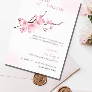 Plantilla de invitación de boda con flores de cerezo: invitación floral rosa editable, reserva la fecha, confirma tu asistencia y tarjeta de detalles. Plantilla Canva.
