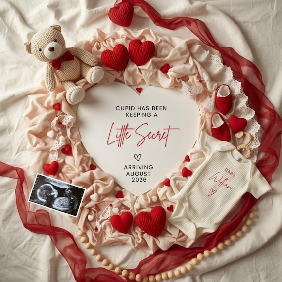 Valentine Pregnancy Announcement template,Cupid Little Secret,Heart Baby Reveal Digital Template,Neutral Valentine's Baby Pregnancy