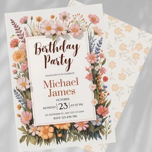 Blush Pink Wildflower Birthday Party Invitation,Garden Party Invite,Meadow Floral Woman&#39;s Birthday Invite,Cottage Floral,Editable Template