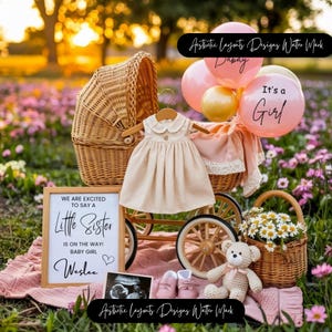 Digitale zwangerschapsaankondiging babyzus, bewerkbare digitale sjabloon, bloemenroze baby Reveal canva downloaden, It's a Girl Gender Reveal baby