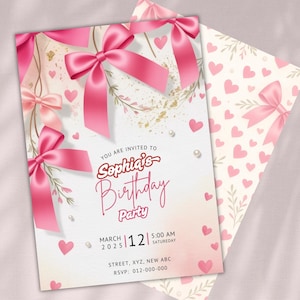 Pink Bow Invitation - Coquette Birthday Girl Invite | Editable & Printable Invitation Template | Digital Download for Girl Birthday Party