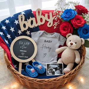 Simple July 4th Pregnancy Announcement Digital Template,Editable 4th of July Baby Announce,Patriotic Red White And Due Social Media Reveal