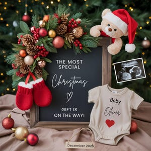 Weihnachten Digitale Schwangerschaftansage, fällig im Dezember Babymitteilung, bearbeitbare Vorlage, Sofort-Download, Weihnachtsmütze Dezember Baby
