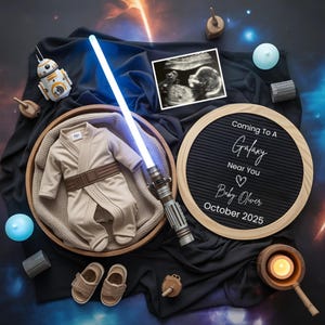 Space Wars Pregnancy Announcement, Future Galactic Baby Announcement, Star Force Social Media Gender Reveal, Editable Template Father&#39;s Day