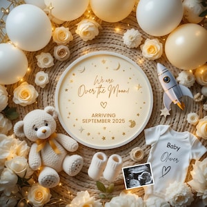 Digital Space Pregnancy Announcement, Over The Moon Baby Announcement, Gender Neutral Baby, Wish Upon the Stars, Moon Star Editable Template